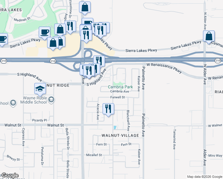 map of restaurants, bars, coffee shops, grocery stores, and more near 17094 Cambria Avenue in Fontana