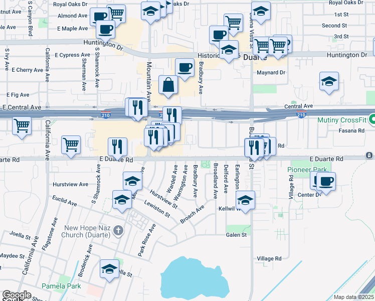 map of restaurants, bars, coffee shops, grocery stores, and more near 1102 3 Ranch Road in Duarte