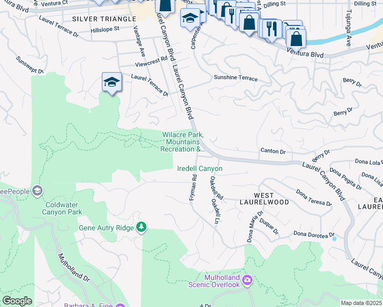 map of restaurants, bars, coffee shops, grocery stores, and more near 3405 Fryman Road in Los Angeles