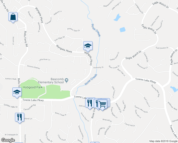 map of restaurants, bars, coffee shops, grocery stores, and more near 101 Stuart Place in Woodstock