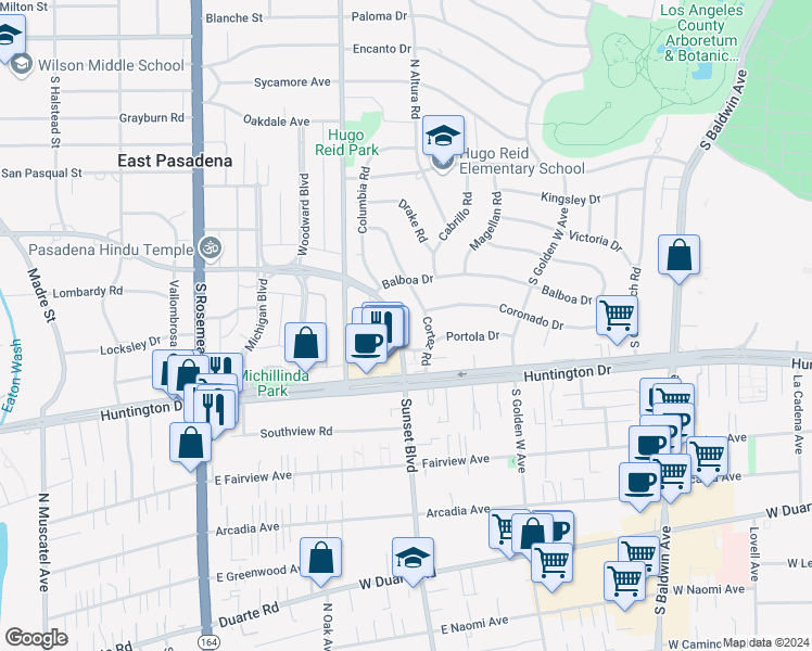 map of restaurants, bars, coffee shops, grocery stores, and more near 710 Sunset Boulevard in Arcadia