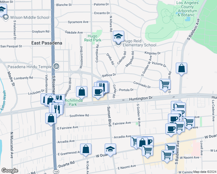 map of restaurants, bars, coffee shops, grocery stores, and more near 710 Sunset Boulevard in Arcadia