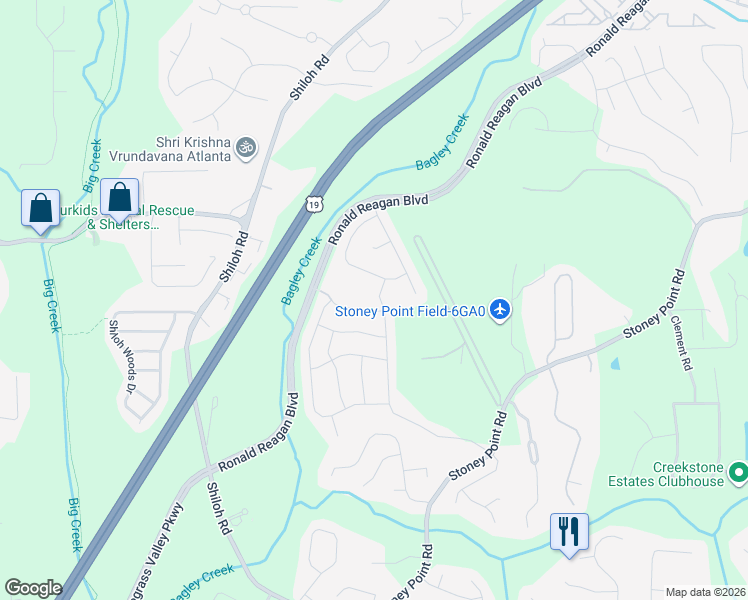 map of restaurants, bars, coffee shops, grocery stores, and more near 2725 Monet Drive in Cumming