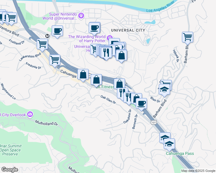 map of restaurants, bars, coffee shops, grocery stores, and more near 3450 Cahuenga Boulevard in Los Angeles