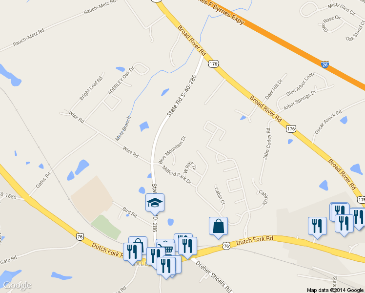 map of restaurants, bars, coffee shops, grocery stores, and more near 212 Blue Mountain Dr in Irmo