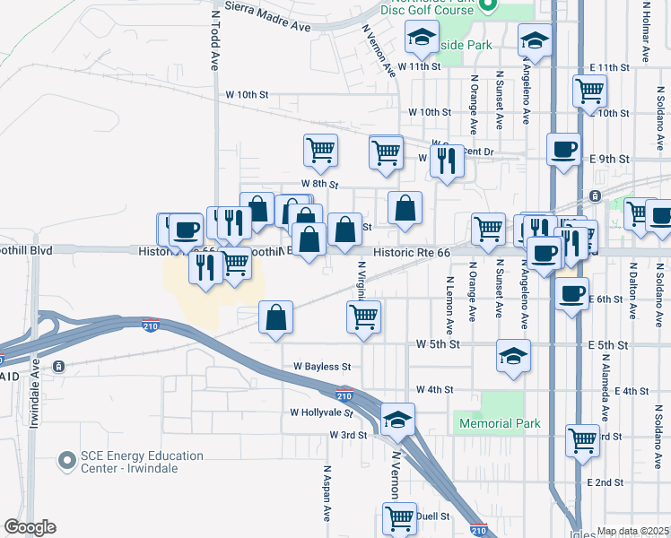 map of restaurants, bars, coffee shops, grocery stores, and more near 936 West Foothill Boulevard in Azusa