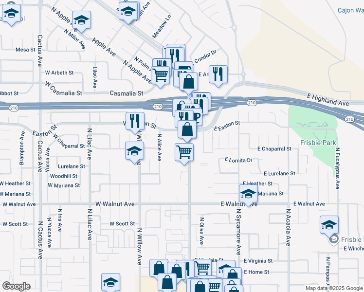 map of restaurants, bars, coffee shops, grocery stores, and more near 1850 North Riverside Avenue in Rialto
