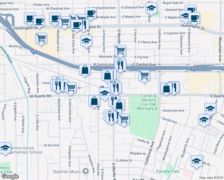 map of restaurants, bars, coffee shops, grocery stores, and more near 123 West Duarte Road in Monrovia