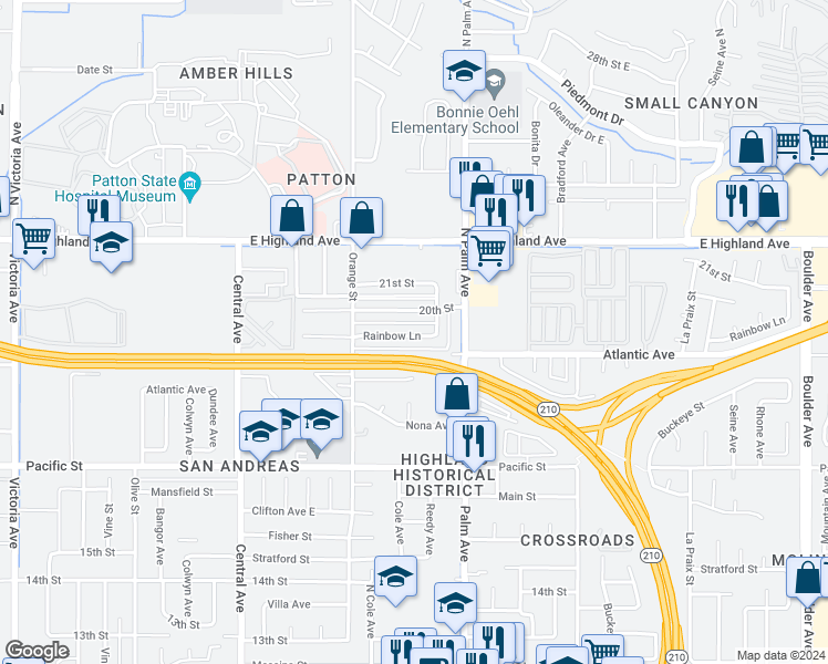 map of restaurants, bars, coffee shops, grocery stores, and more near 3504 Rainbow Lane in Highland