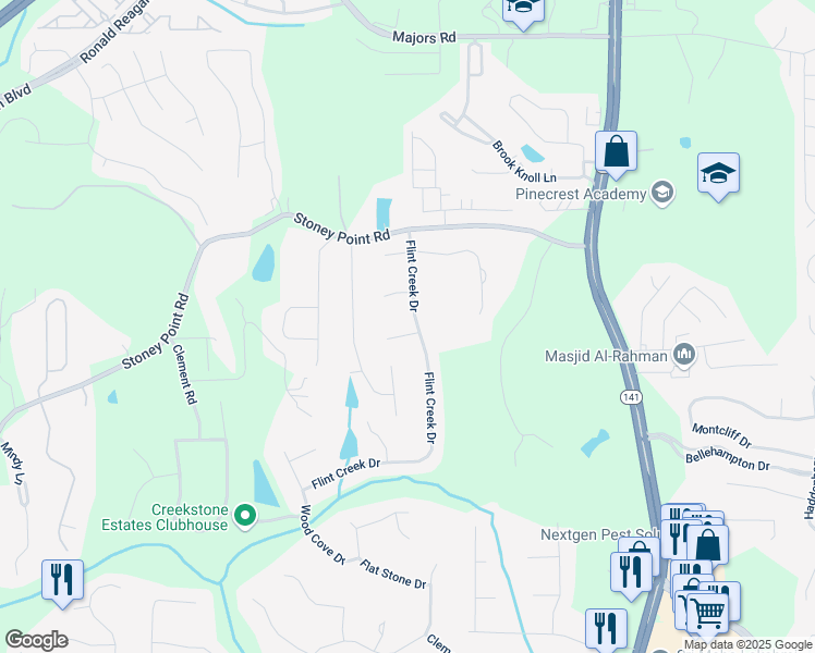 map of restaurants, bars, coffee shops, grocery stores, and more near 2510 Bent Creek Way in Cumming