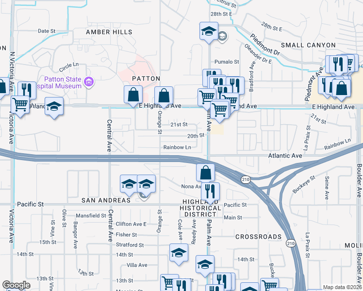 map of restaurants, bars, coffee shops, grocery stores, and more near 3490 Rainbow Lane in Highland