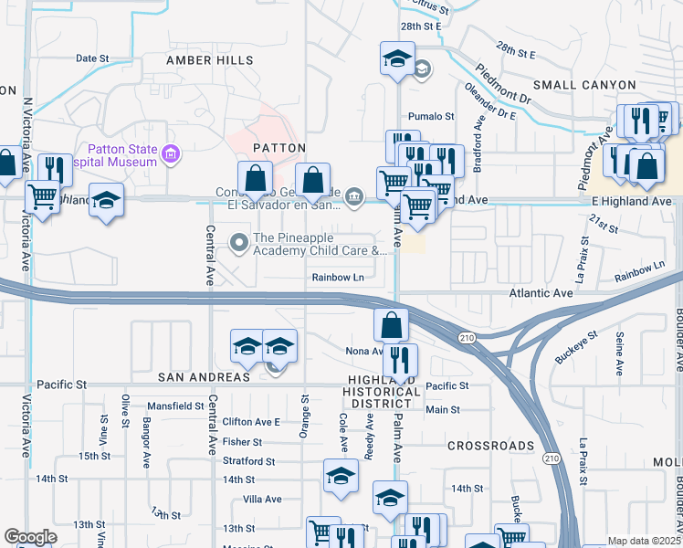 map of restaurants, bars, coffee shops, grocery stores, and more near 3480 Rainbow Lane in Highland