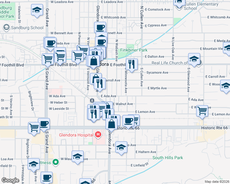 map of restaurants, bars, coffee shops, grocery stores, and more near 245 South Wabash Avenue in Glendora
