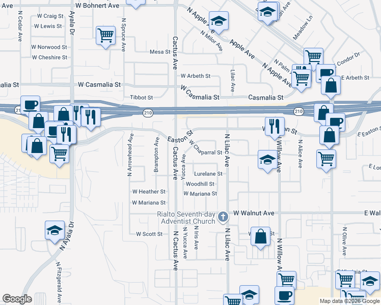 map of restaurants, bars, coffee shops, grocery stores, and more near 19364 Anaconda Street in Rialto