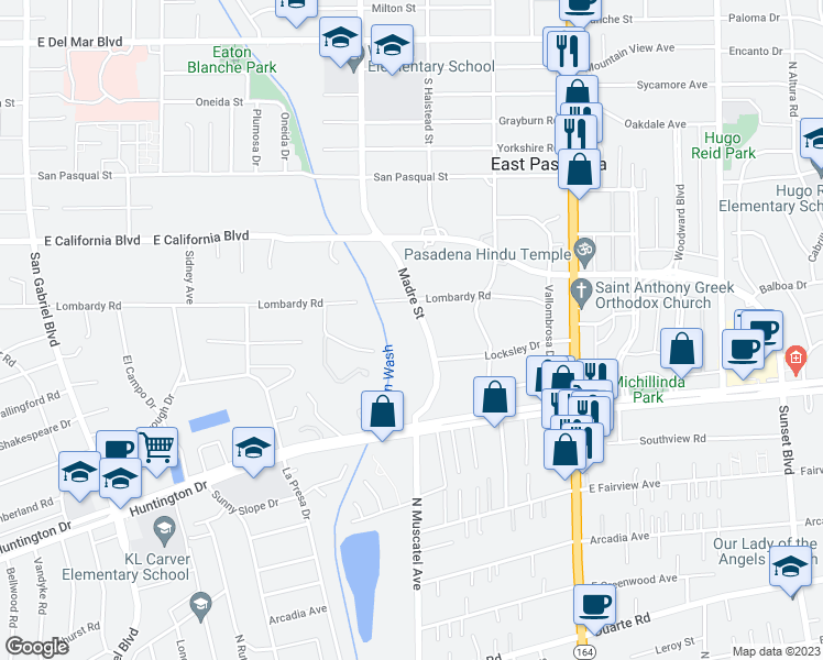map of restaurants, bars, coffee shops, grocery stores, and more near 731 Madre Street in Pasadena