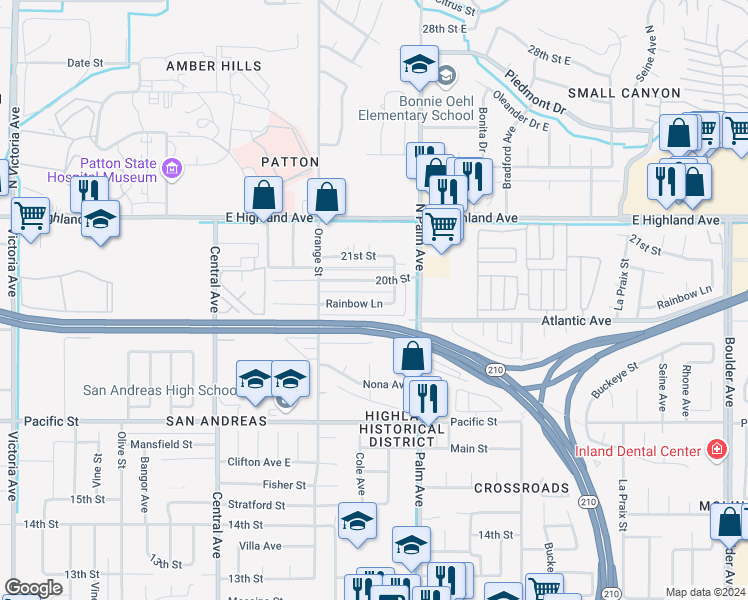 map of restaurants, bars, coffee shops, grocery stores, and more near 3504 Rainbow Lane in Highland