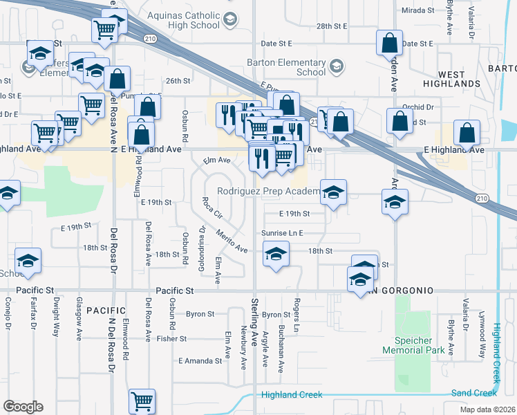 map of restaurants, bars, coffee shops, grocery stores, and more near 1922 North Argyle Avenue in San Bernardino