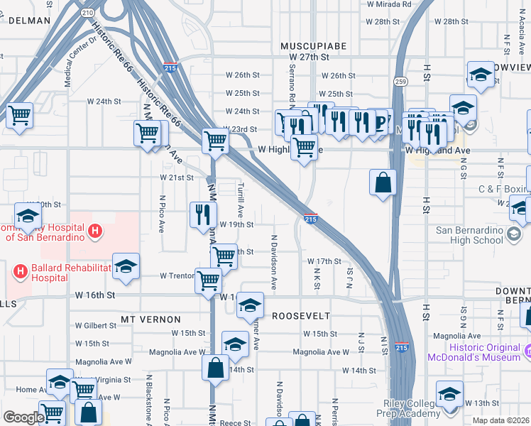 map of restaurants, bars, coffee shops, grocery stores, and more near North Garner Avenue in San Bernardino