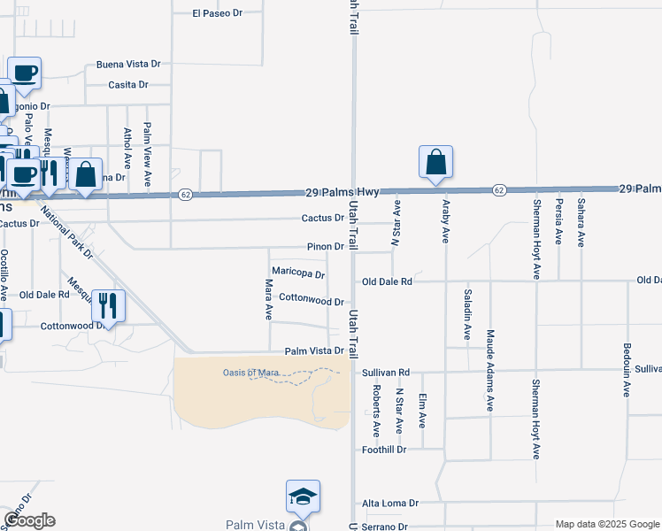 map of restaurants, bars, coffee shops, grocery stores, and more near 6663 Sage Avenue in Twentynine Palms