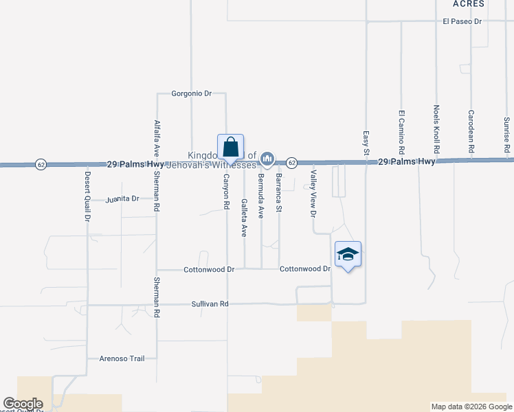 map of restaurants, bars, coffee shops, grocery stores, and more near 6624 Bermuda Avenue in Twentynine Palms