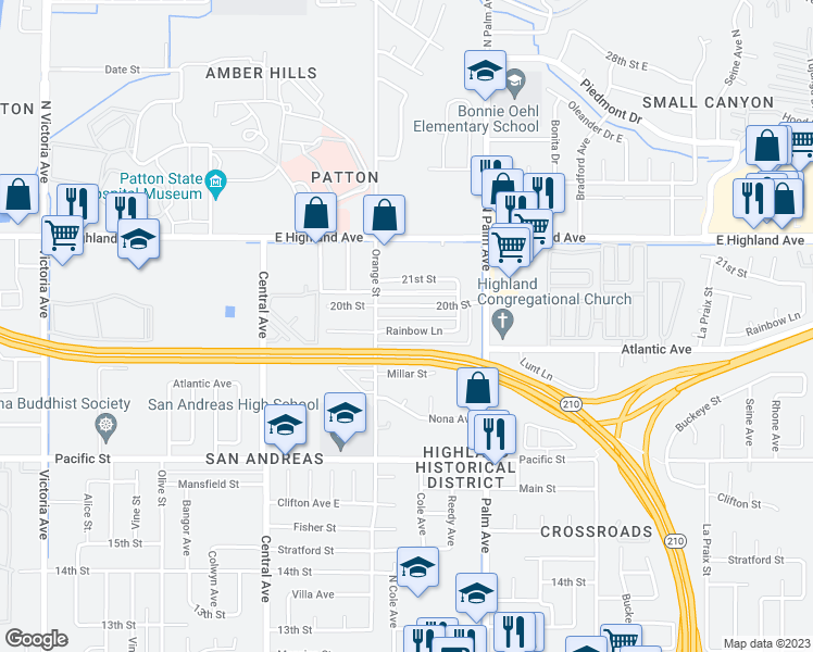 map of restaurants, bars, coffee shops, grocery stores, and more near 3454 Rainbow Lane in Highland