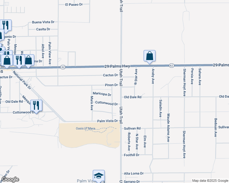 map of restaurants, bars, coffee shops, grocery stores, and more near 6667 Sage Avenue in Twentynine Palms