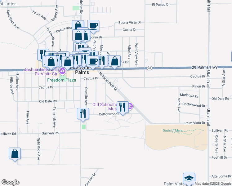 map of restaurants, bars, coffee shops, grocery stores, and more near 6688 National Park Drive in Twentynine Palms