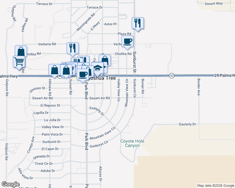 map of restaurants, bars, coffee shops, grocery stores, and more near 62005 Grand View Circle in Joshua Tree