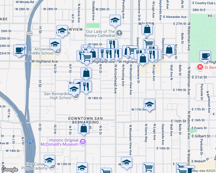 map of restaurants, bars, coffee shops, grocery stores, and more near 363 West 19th Street in San Bernardino