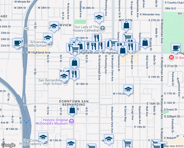 map of restaurants, bars, coffee shops, grocery stores, and more near 363 West 19th Street in San Bernardino