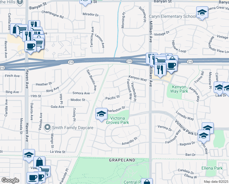 map of restaurants, bars, coffee shops, grocery stores, and more near 6599 Hartford Court in Rancho Cucamonga