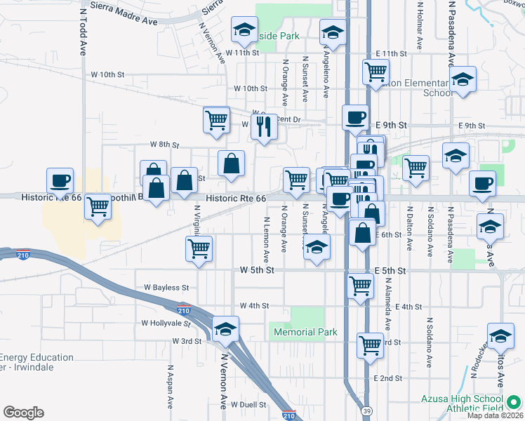 map of restaurants, bars, coffee shops, grocery stores, and more near 622 North Lemon Avenue in Azusa