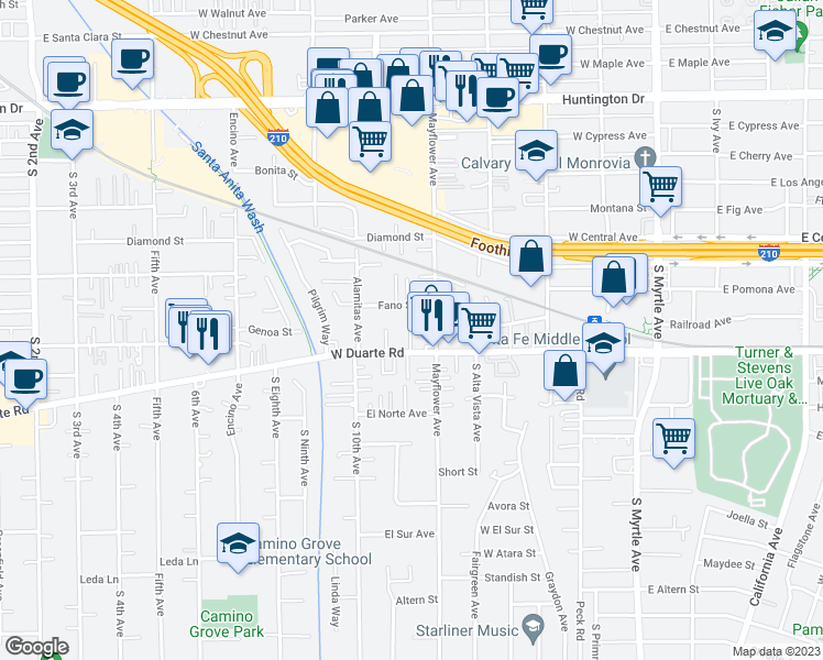map of restaurants, bars, coffee shops, grocery stores, and more near 531 West Duarte Road in Monrovia