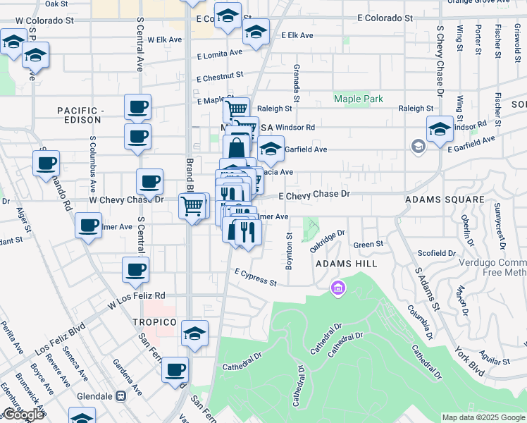 map of restaurants, bars, coffee shops, grocery stores, and more near 402 East Palmer Avenue in Glendale