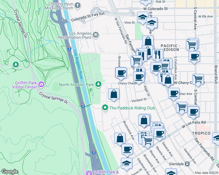 map of restaurants, bars, coffee shops, grocery stores, and more near 4400 Edenhurst Avenue in Los Angeles