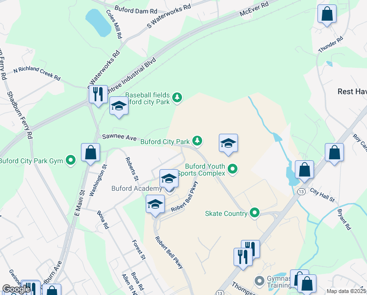 map of restaurants, bars, coffee shops, grocery stores, and more near Legion Drive in Buford