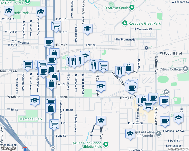 map of restaurants, bars, coffee shops, grocery stores, and more near 625 North Cerritos Avenue in Azusa