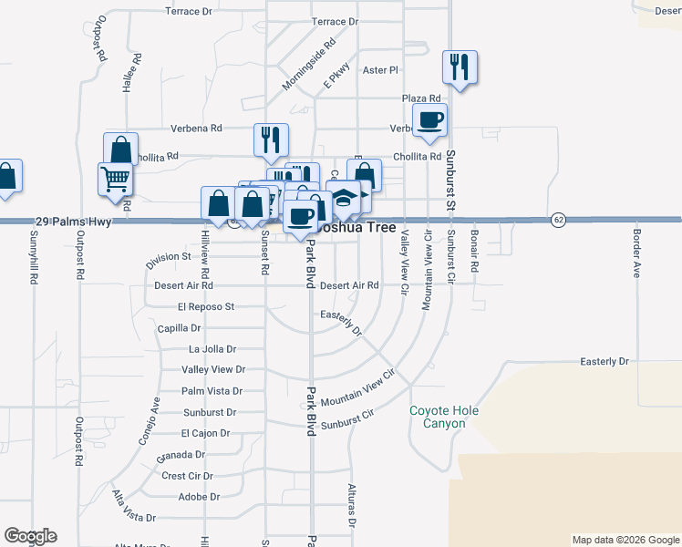 map of restaurants, bars, coffee shops, grocery stores, and more near 61960 El Reposo Circle in Joshua Tree