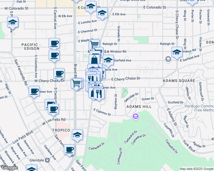 map of restaurants, bars, coffee shops, grocery stores, and more near 501 East Palmer Avenue in Glendale