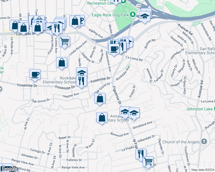 map of restaurants, bars, coffee shops, grocery stores, and more near 1026 Oak Grove Drive in Los Angeles
