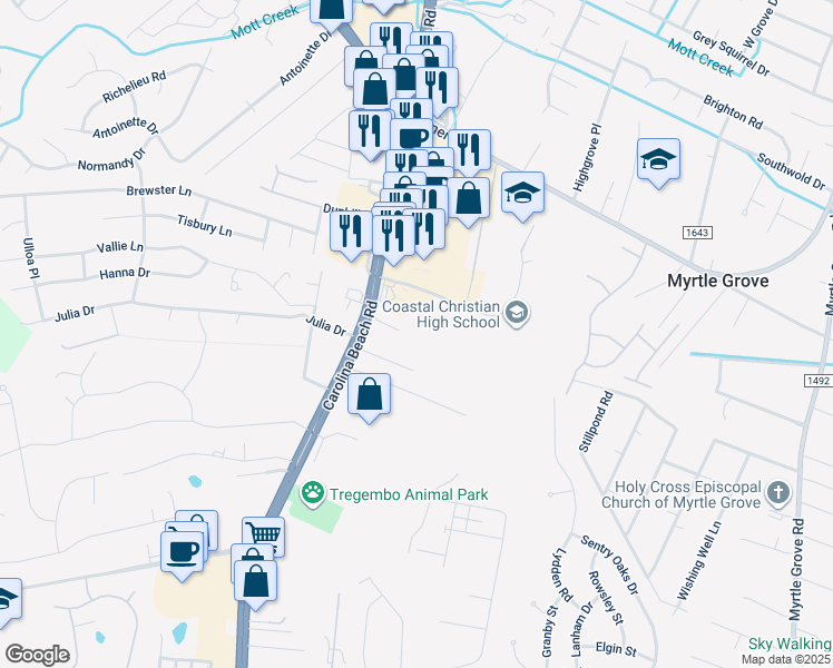map of restaurants, bars, coffee shops, grocery stores, and more near 5653 Carolina Beach Road in Wilmington