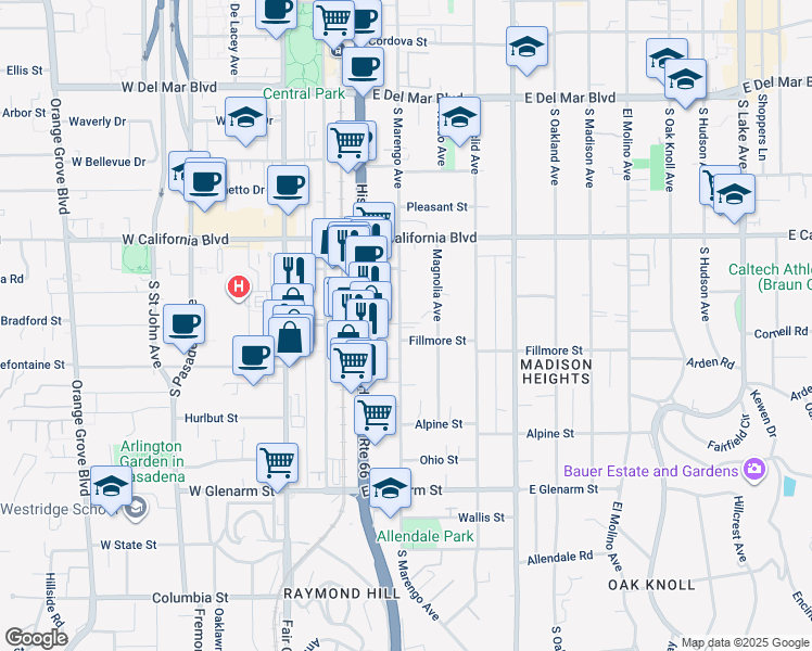 map of restaurants, bars, coffee shops, grocery stores, and more near 744 1/2 South Marengo Avenue in Pasadena
