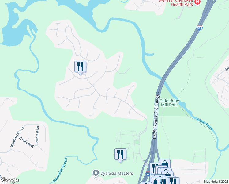 map of restaurants, bars, coffee shops, grocery stores, and more near 405 Elkhorn Cove in Woodstock