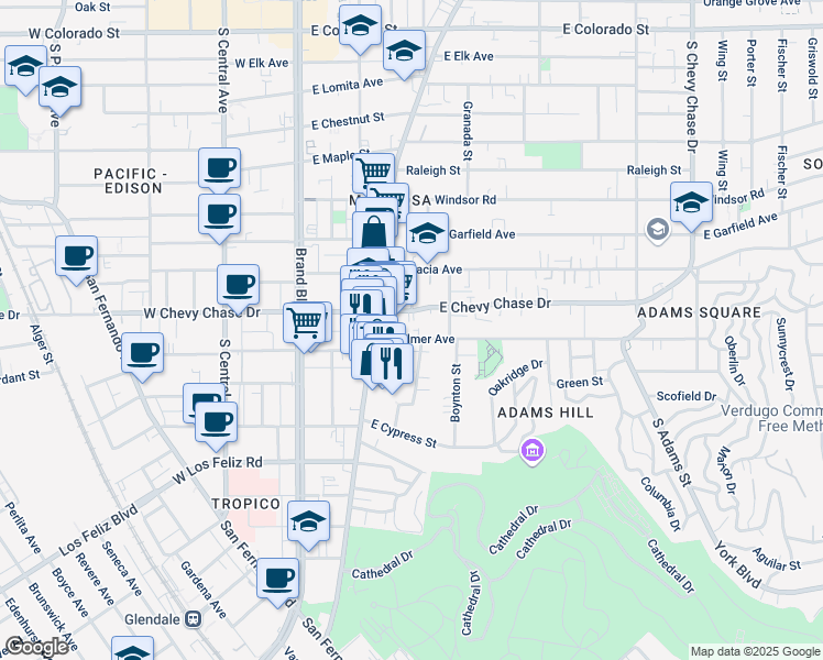 map of restaurants, bars, coffee shops, grocery stores, and more near 411 East Palmer Avenue in Glendale