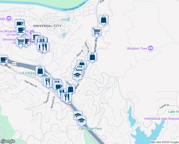 map of restaurants, bars, coffee shops, grocery stores, and more near 3149 La Suvida Drive in Los Angeles