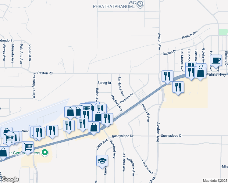 map of restaurants, bars, coffee shops, grocery stores, and more near 6623 Hanford Avenue in Yucca Valley