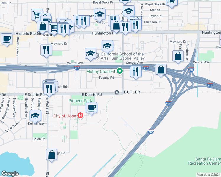 map of restaurants, bars, coffee shops, grocery stores, and more near 1801 Highland Avenue in Duarte