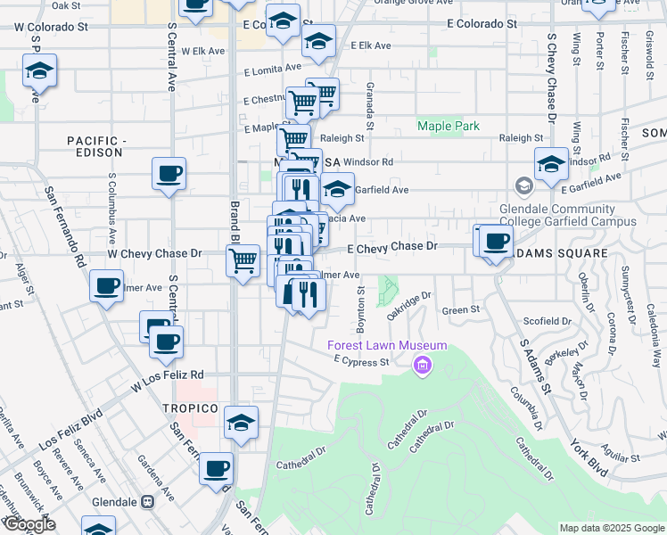 map of restaurants, bars, coffee shops, grocery stores, and more near 501 East Palmer Avenue in Glendale