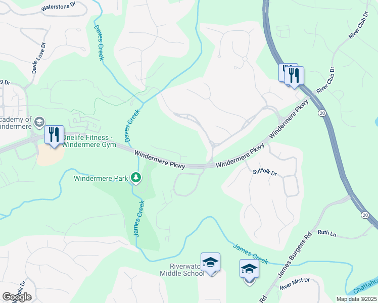 map of restaurants, bars, coffee shops, grocery stores, and more near 3215 Oxleas Court in Cumming