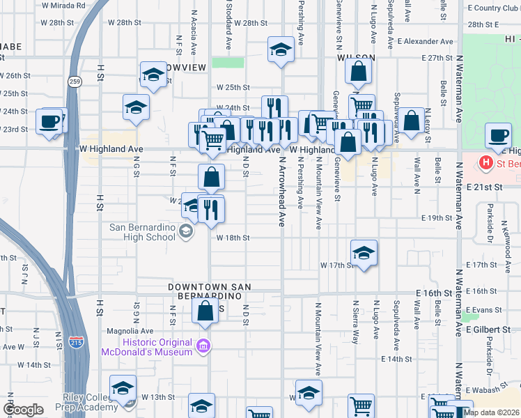 map of restaurants, bars, coffee shops, grocery stores, and more near 364 West 19th Street in San Bernardino